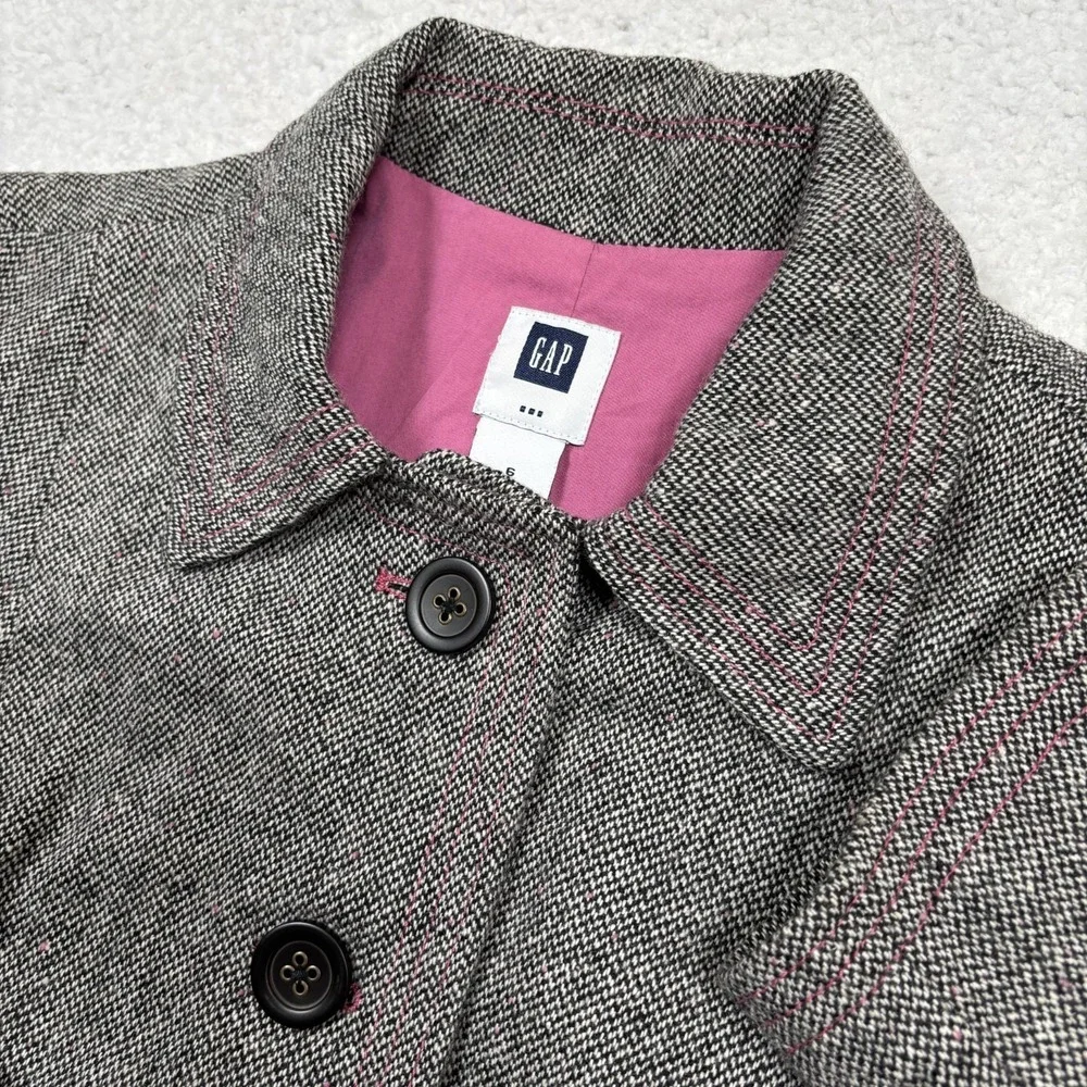 Gap Wool Blend Tweed Jacket‎ Coat Womens 6 XS Black Houndstooth Pink Speckles
